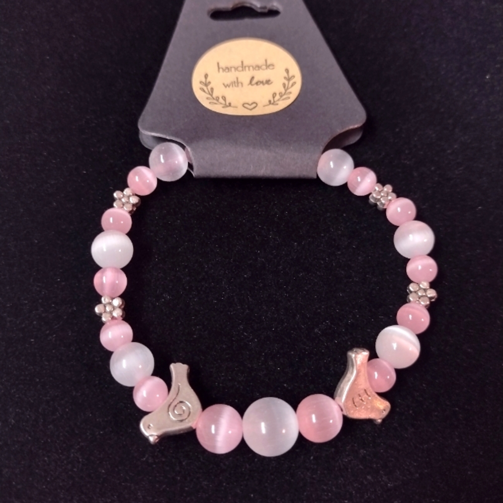 Pink Cats eye,Quartz and little silver chicks bracelet